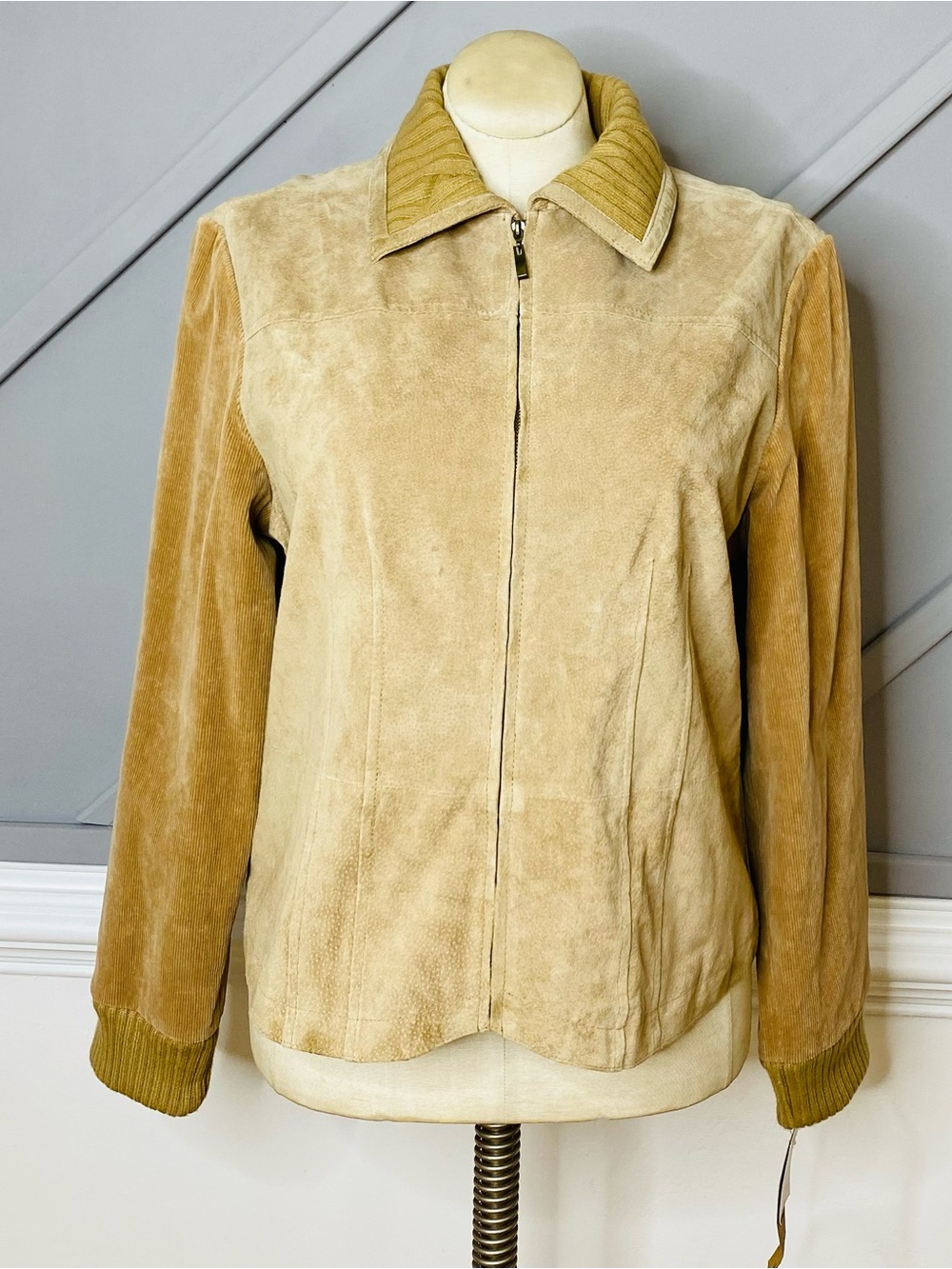 Vintage A.M.I. Tan Suede Leather Jacket Ribbed Knit Sleeves Y2K Western Size XL